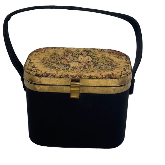Handbags - Vintage Black Box Top Handbag Brass Accent Purse Needle Point Petit Tapestry 60s